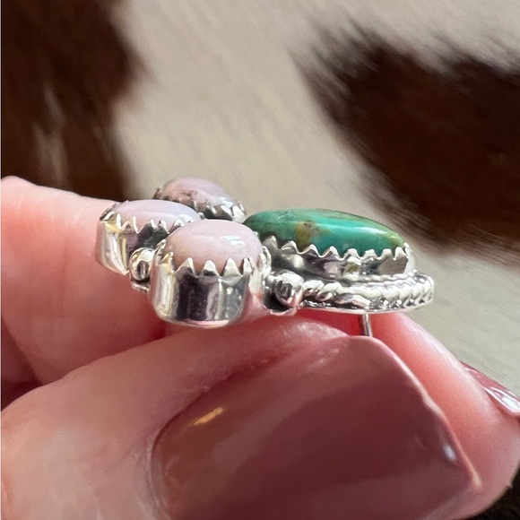 ❤️ Emerald Valley Turquoise & Pink Opal Navajo Style Sterling Cluster Earrings - Picture 6 of 16